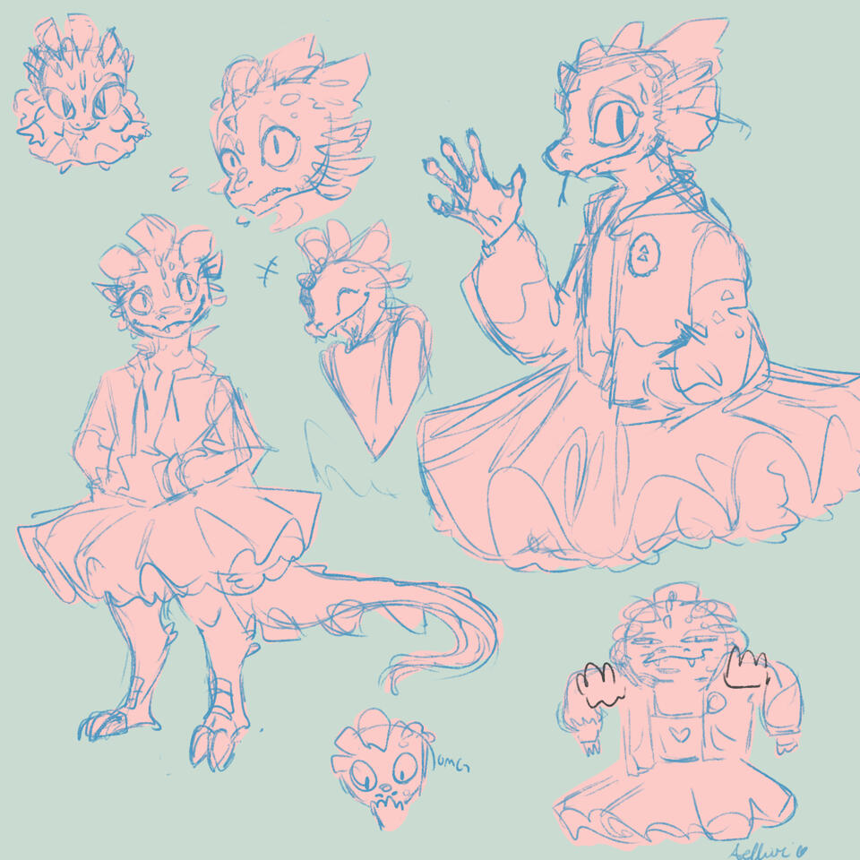 Sketch page depicting an anthropomorphic lizard in numerous poses